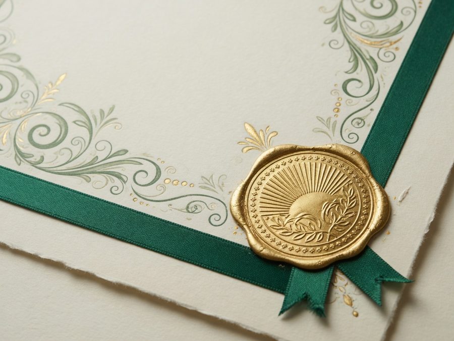 Official completion certificate concept with gold seal